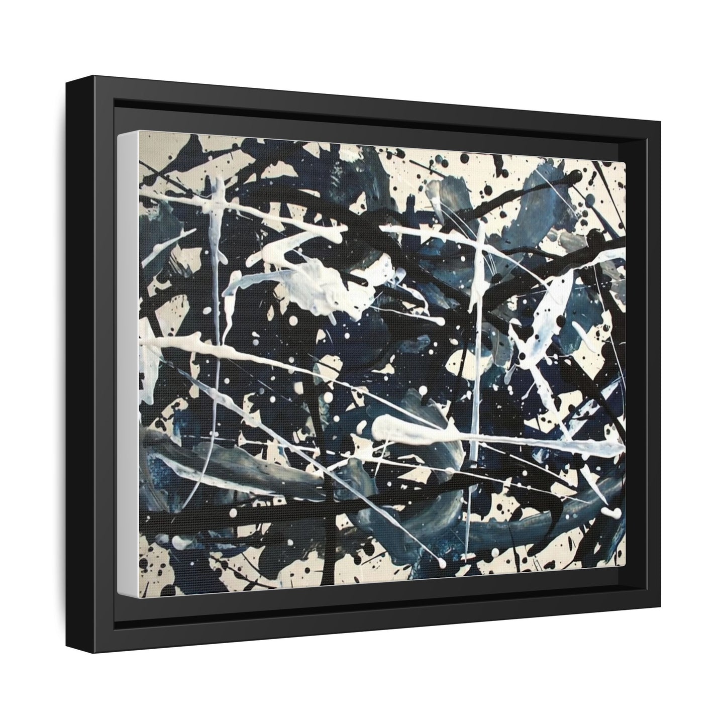 Abstract Splatter Matte Canvas Framed Wall Art — Black & Blue Modern Art Print