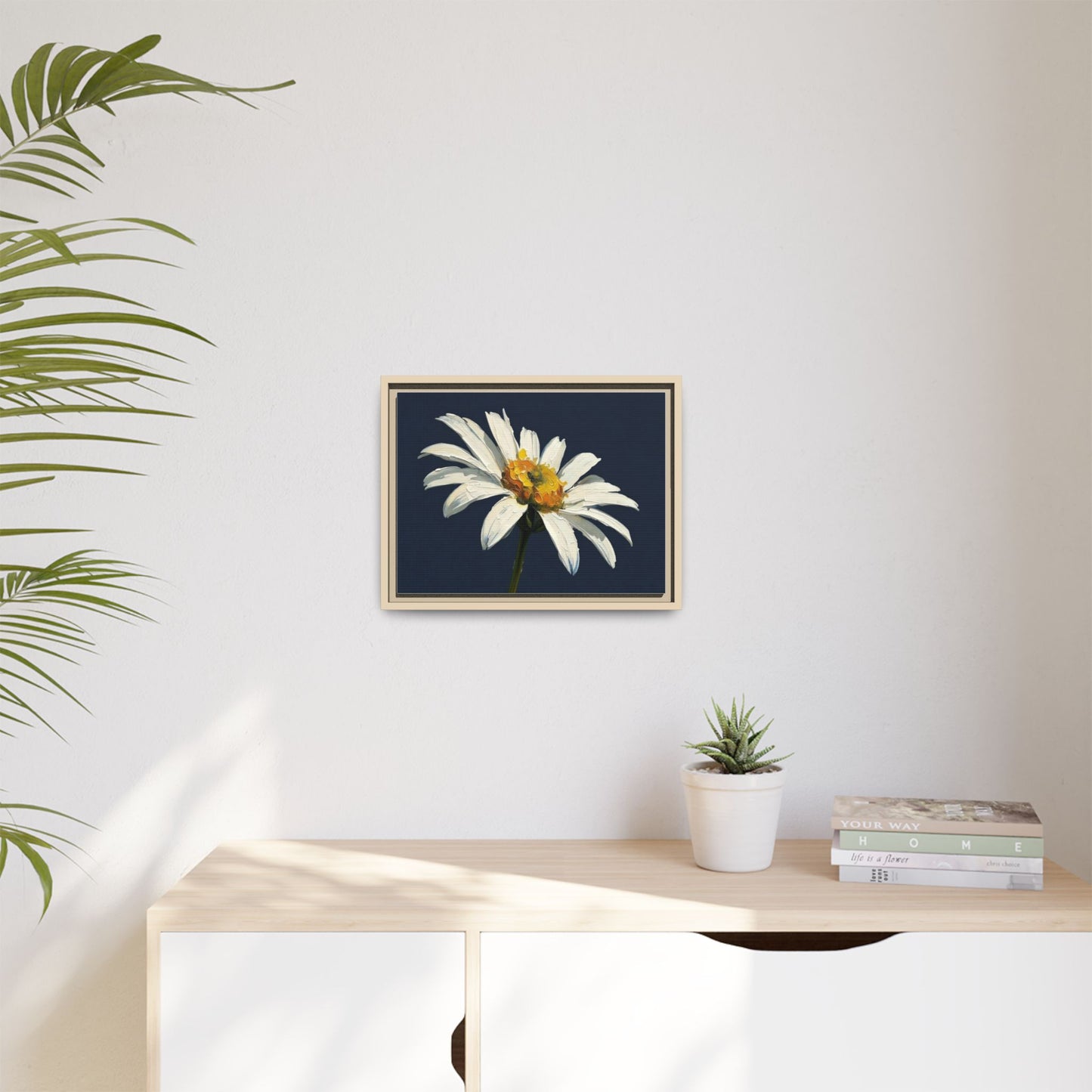 Framed Matte Canvas Daisy Wall Art — White Floral Painting on Navy