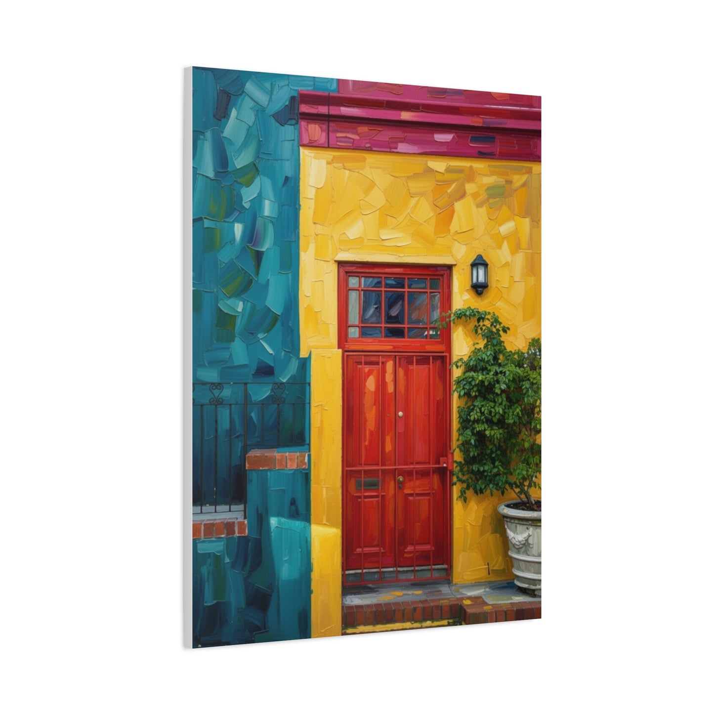 Colorful Doorway Canvas Wall Art — Vibrant Yellow & Teal Street Scene, Matte Stretched Print