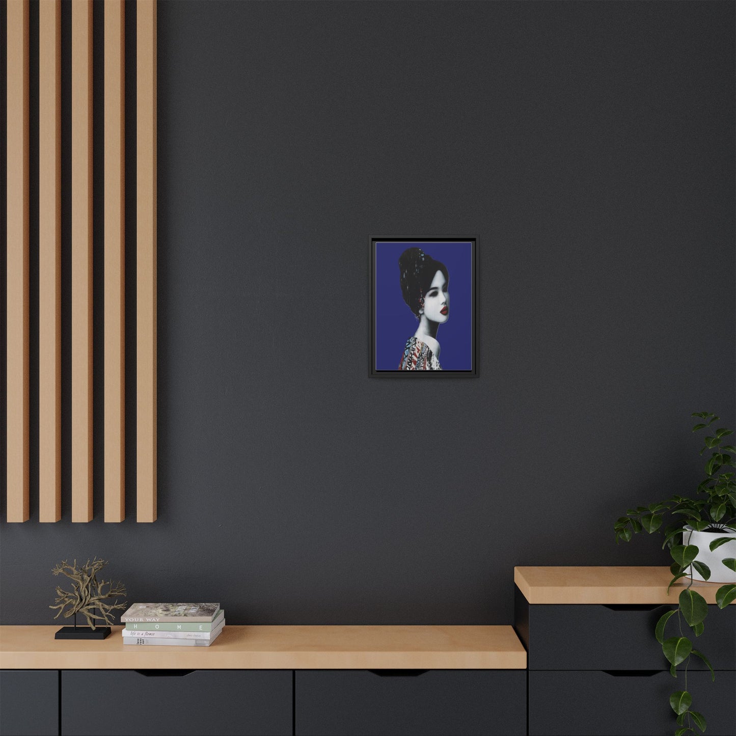 Framed Matte Canvas Art — Elegant Geisha Portrait on Deep Blue