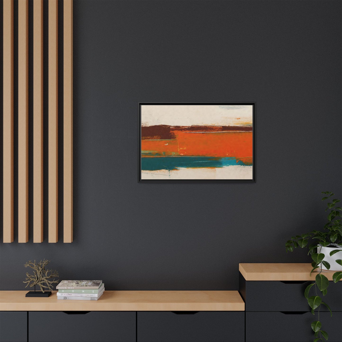 Abstract Horizon Matte Canvas Framed Print — Modern Orange Teal Wall Art
