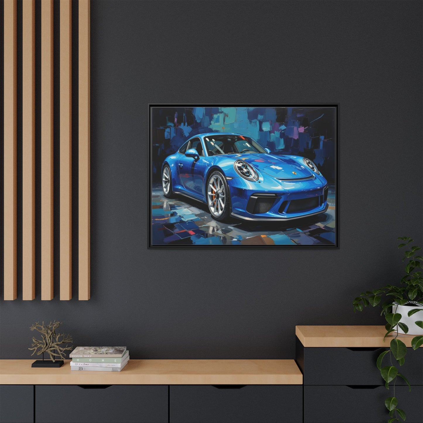 Blue Sports Car Matte Canvas Framed Print — Modern Automotive Wall Art