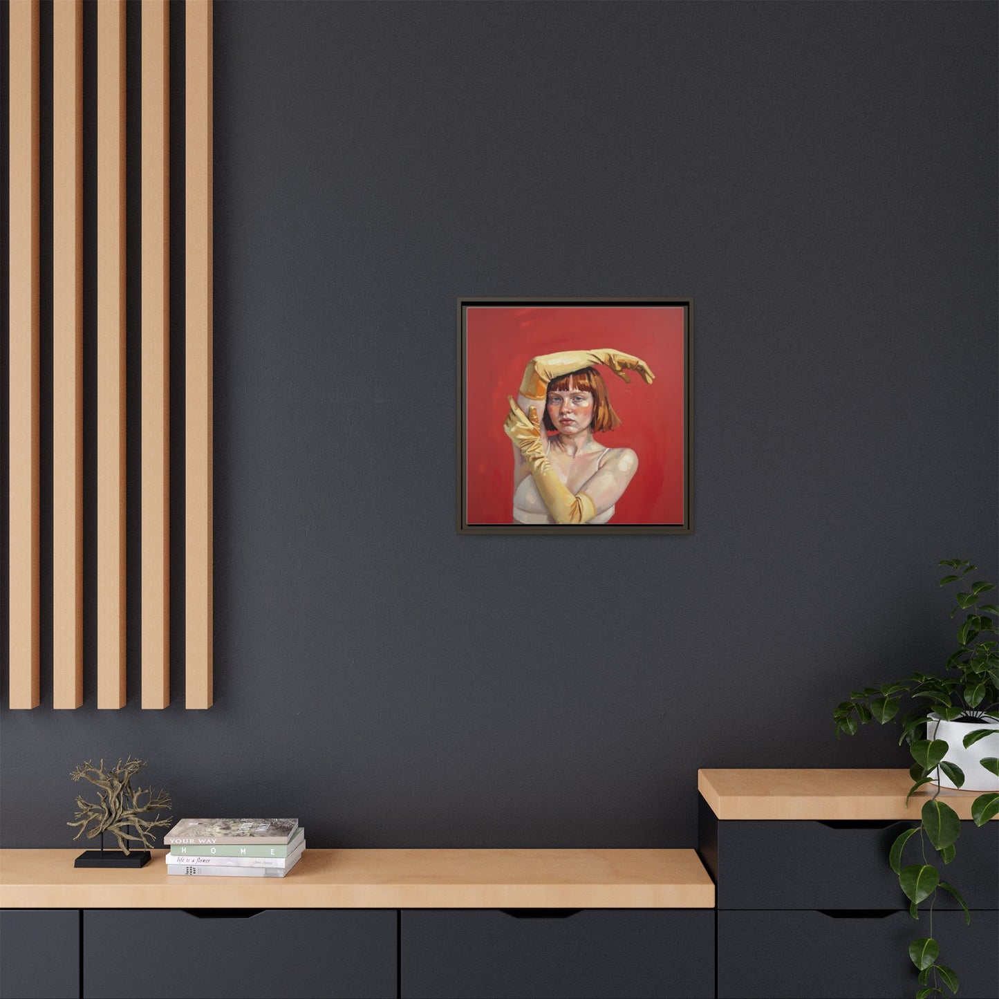 Framed Matte Canvas Art - Portrait of Woman in Yellow Gloves (Red Background)