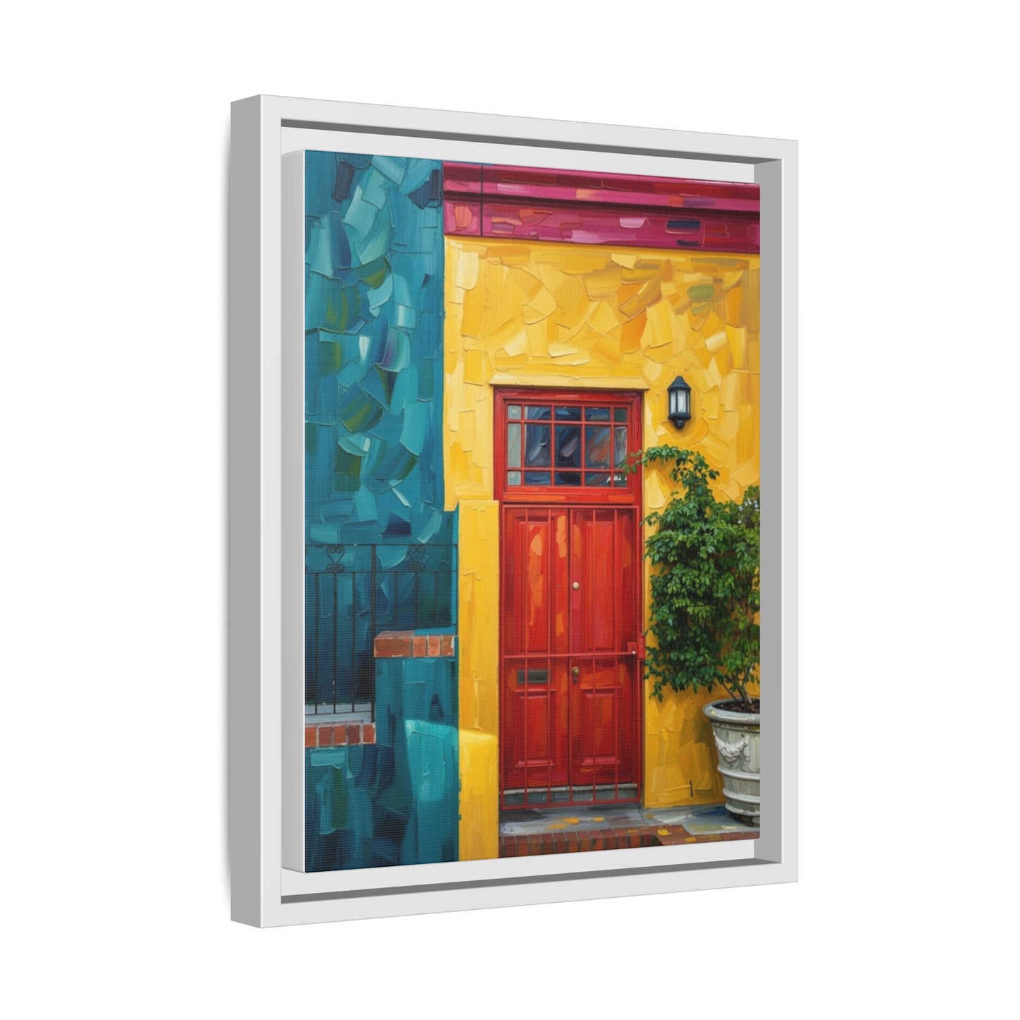 Framed Matte Canvas Wall Art — Colorful Red Door on Yellow Facade