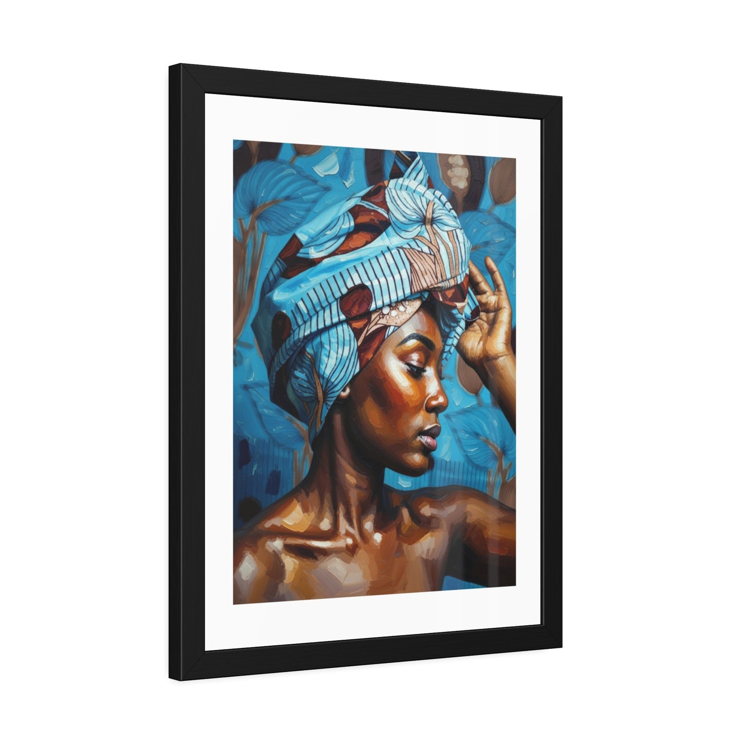 Framed Art Print — Portrait of Woman with Blue Headwrap (Gallery Wall Decor)
