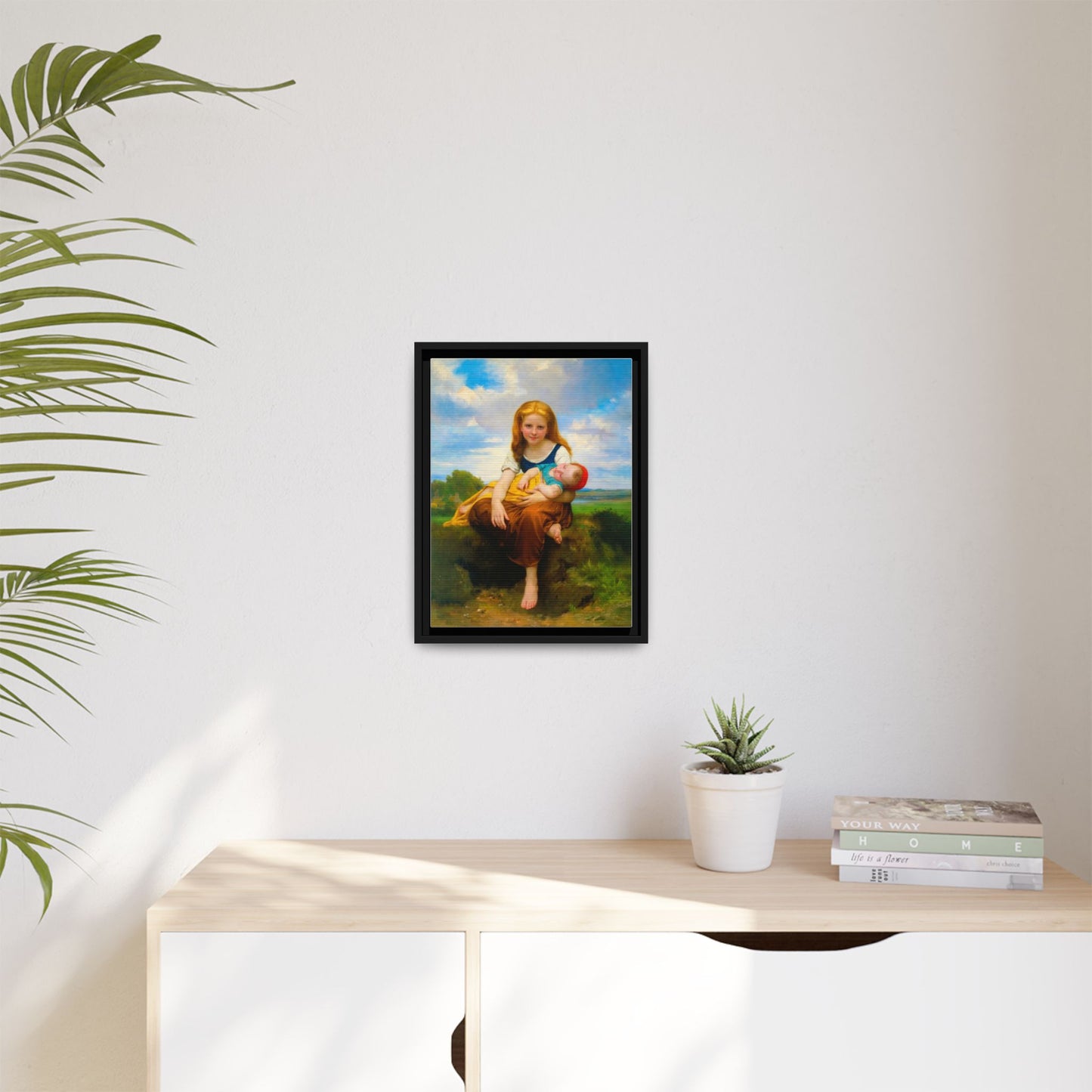Young Girl Holding Sleeping Baby Canvas Print, Framed Wall Art