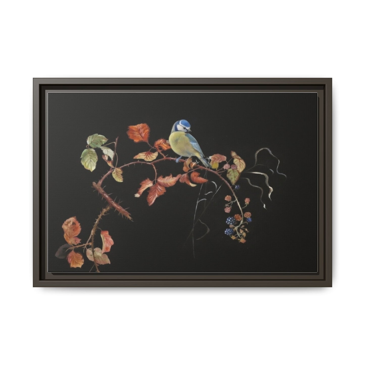 Framed Matte Canvas - Blue Tit on Autumn Branch Wall Art