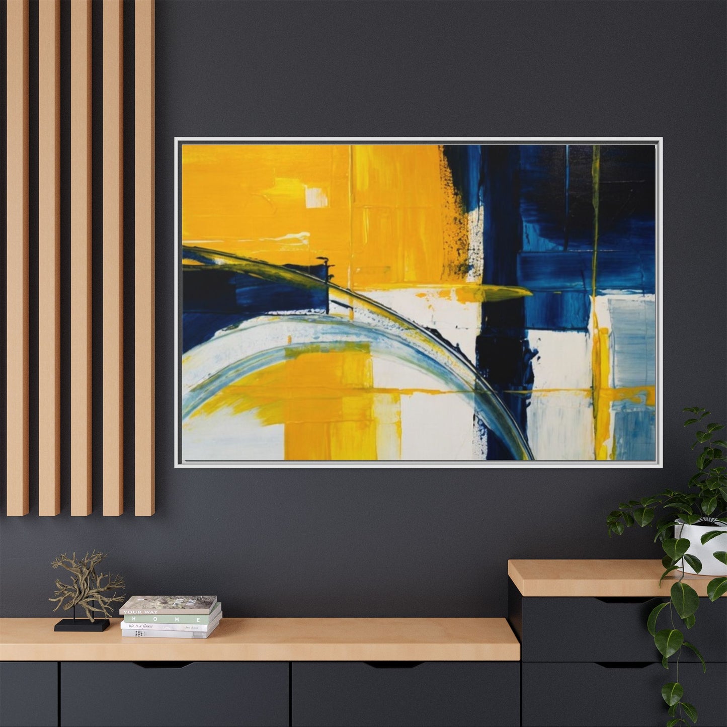 Abstract Yellow & Blue Framed Canvas Wall Art — Modern Matte Canvas Print
