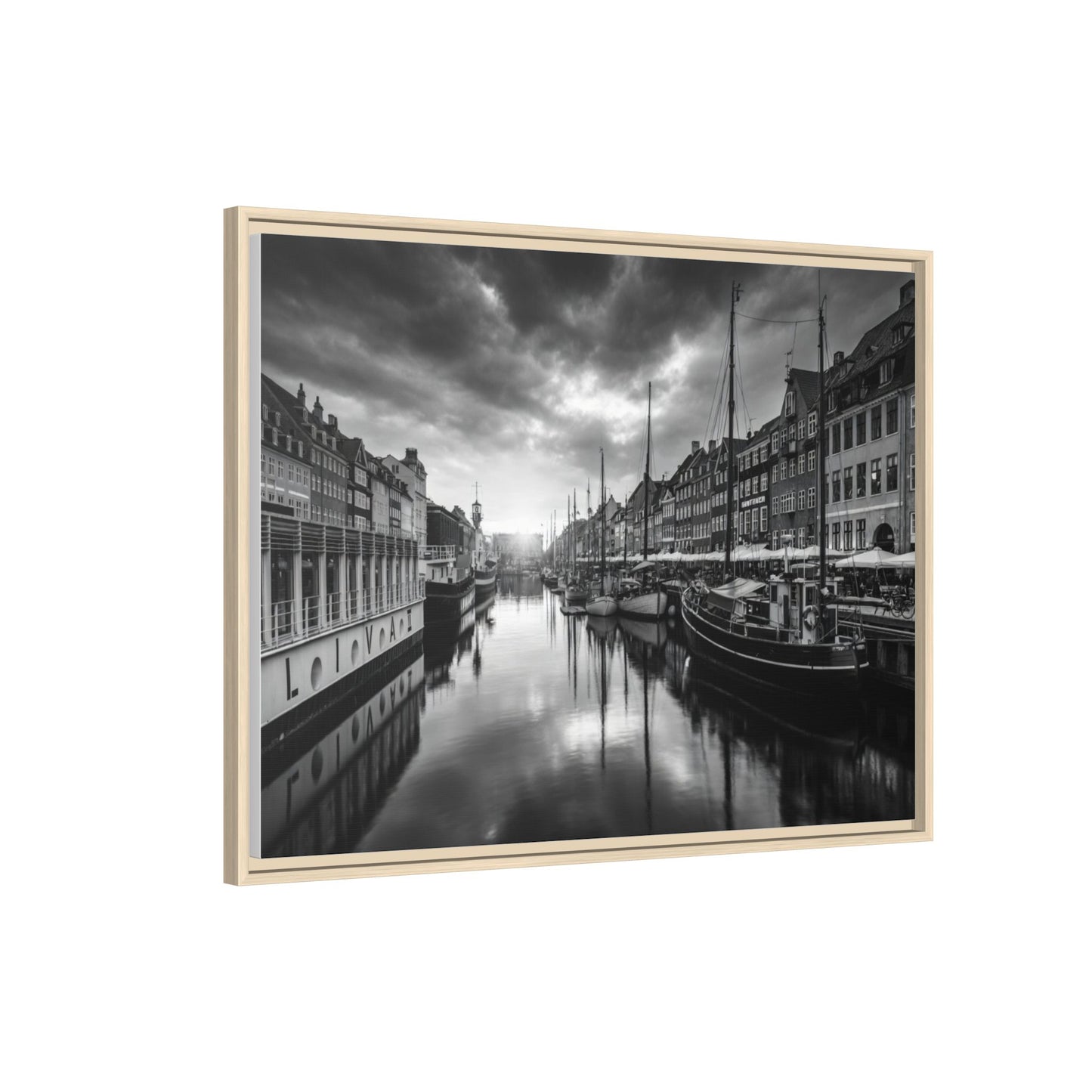 Framed Matte Canvas: Black & White Dutch Canal Photography Wall Art