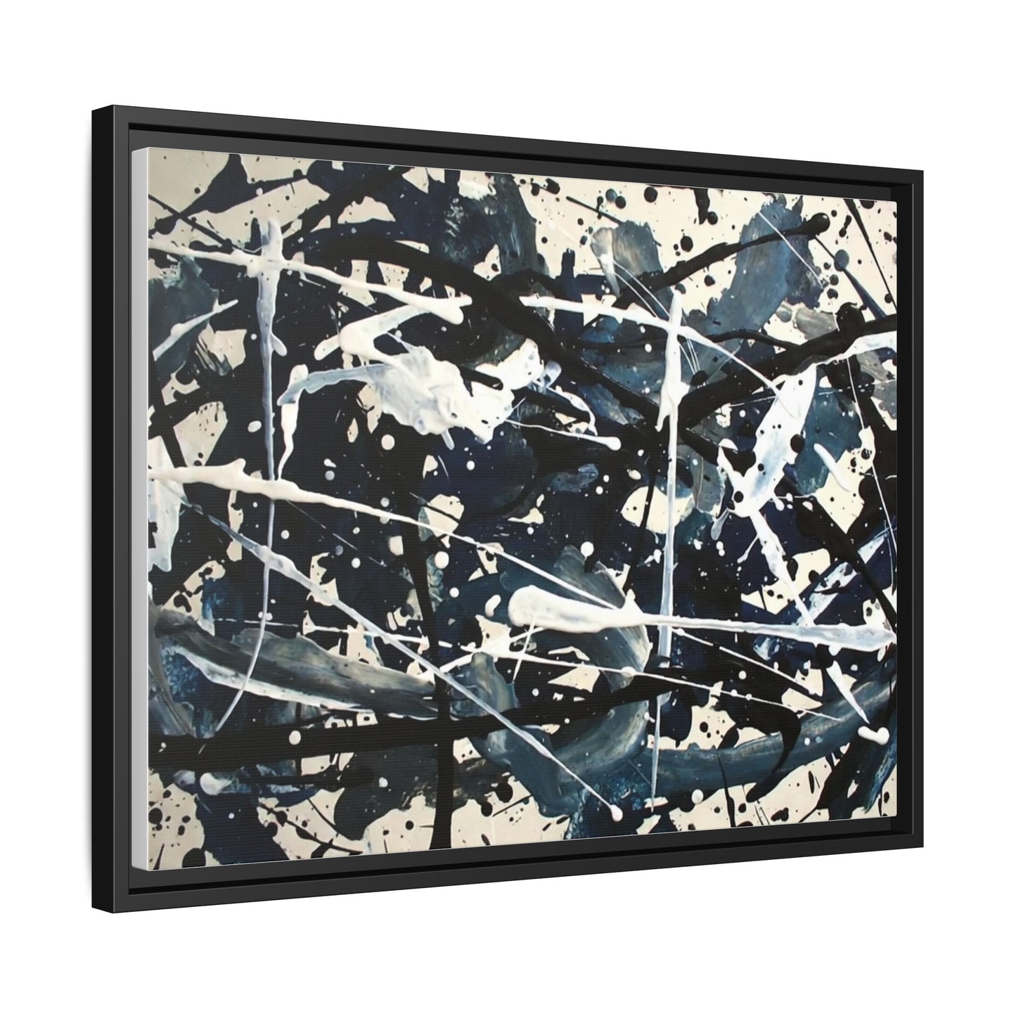 Abstract Splatter Matte Canvas Framed Wall Art — Black & Blue Modern Art Print