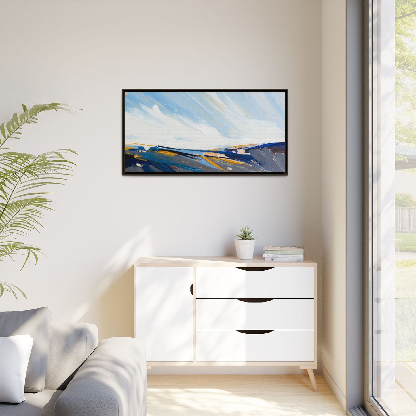 Framed Abstract Seascape Canvas Print — Matte Multi‑Color Wall Art