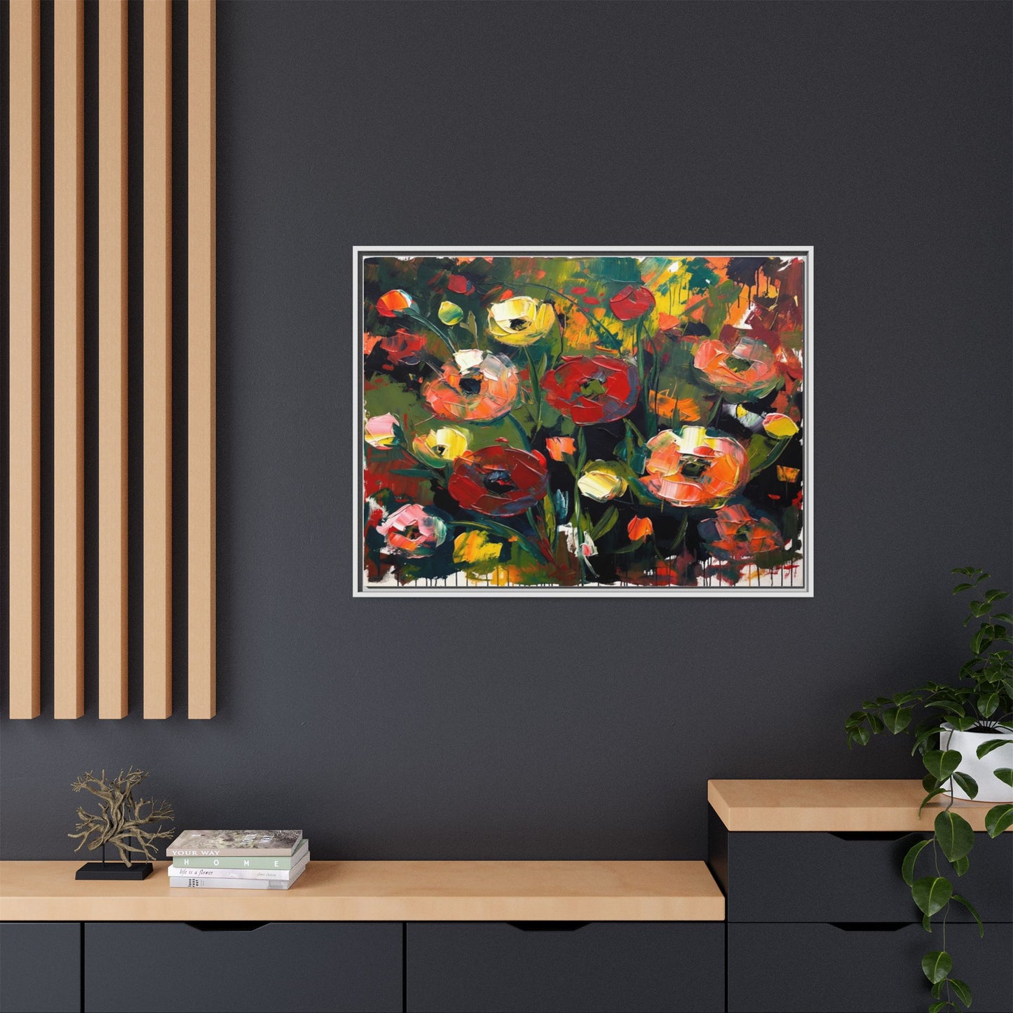 Framed Floral Canvas Print — Vibrant Abstract Poppies Wall Art