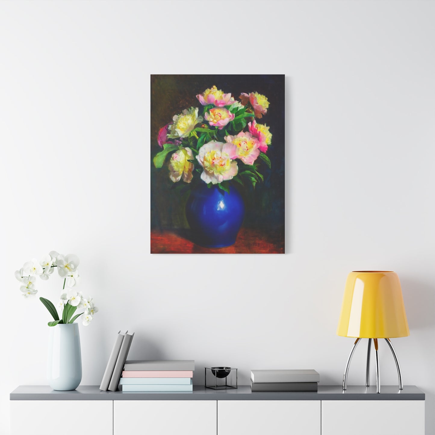 Peony Bouquet Canvas Print — Pink Peonies in Blue Vase, Stretched Matte Wall Art