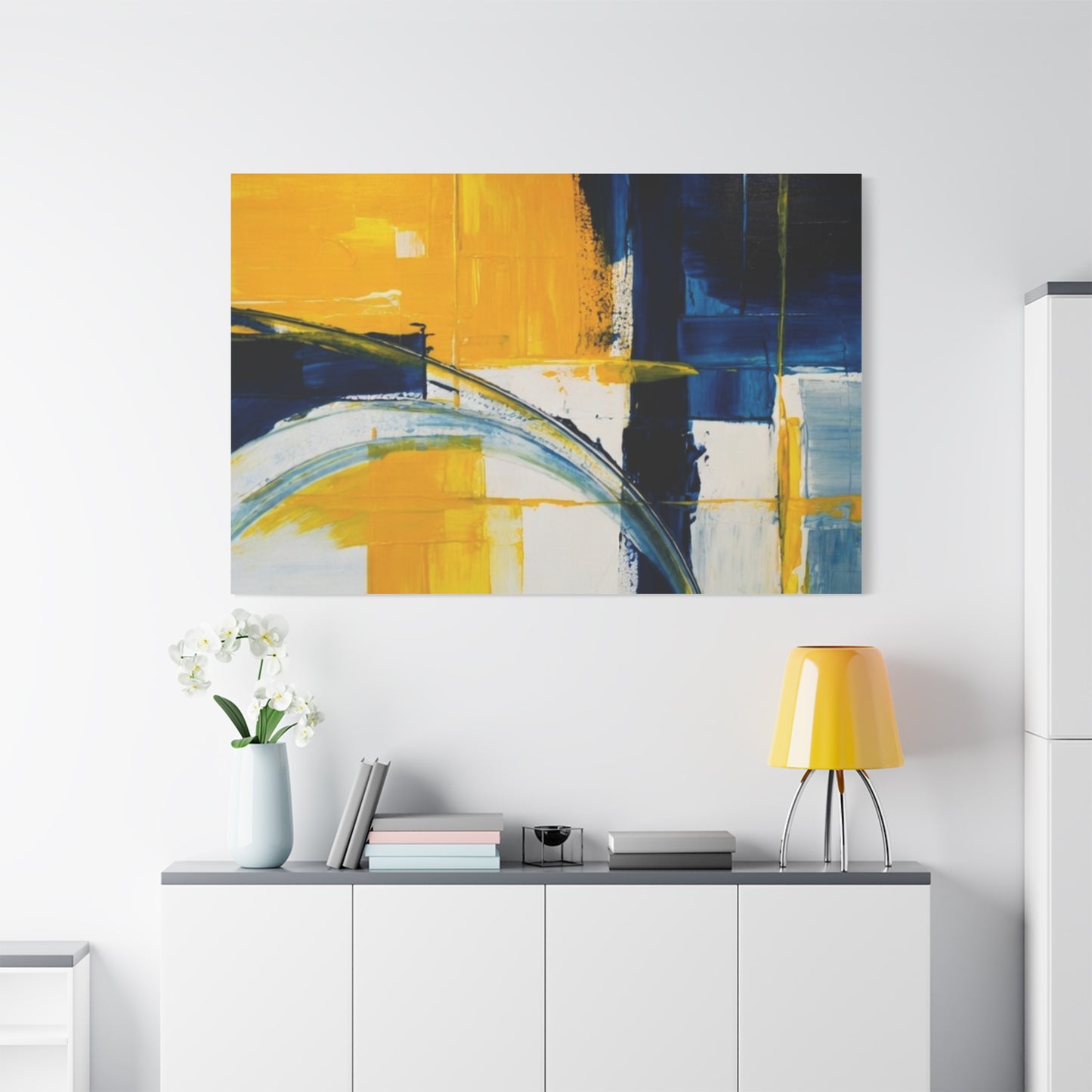 Abstract Blue & Yellow Arc Matte Canvas Wall Art - Stretched 1.25"