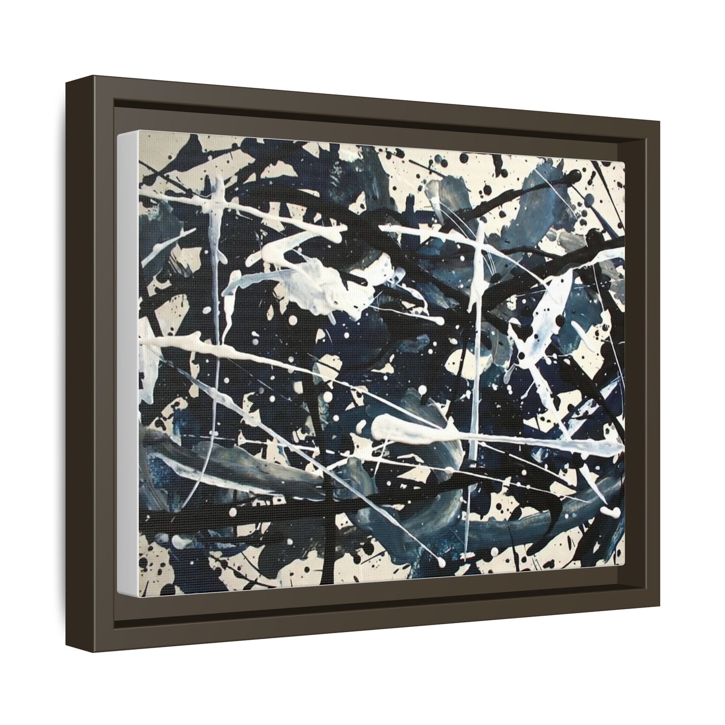 Abstract Splatter Matte Canvas Framed Wall Art — Black & Blue Modern Art Print