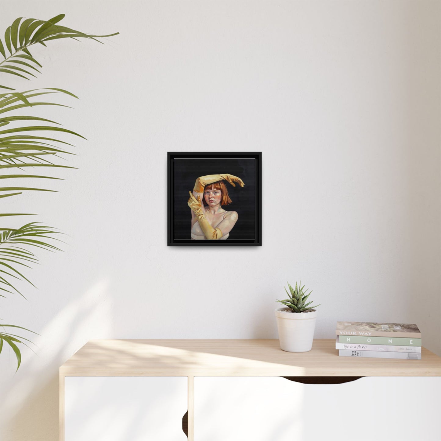 Framed Matte Canvas Art – Portrait of Woman in Yellow Gloves