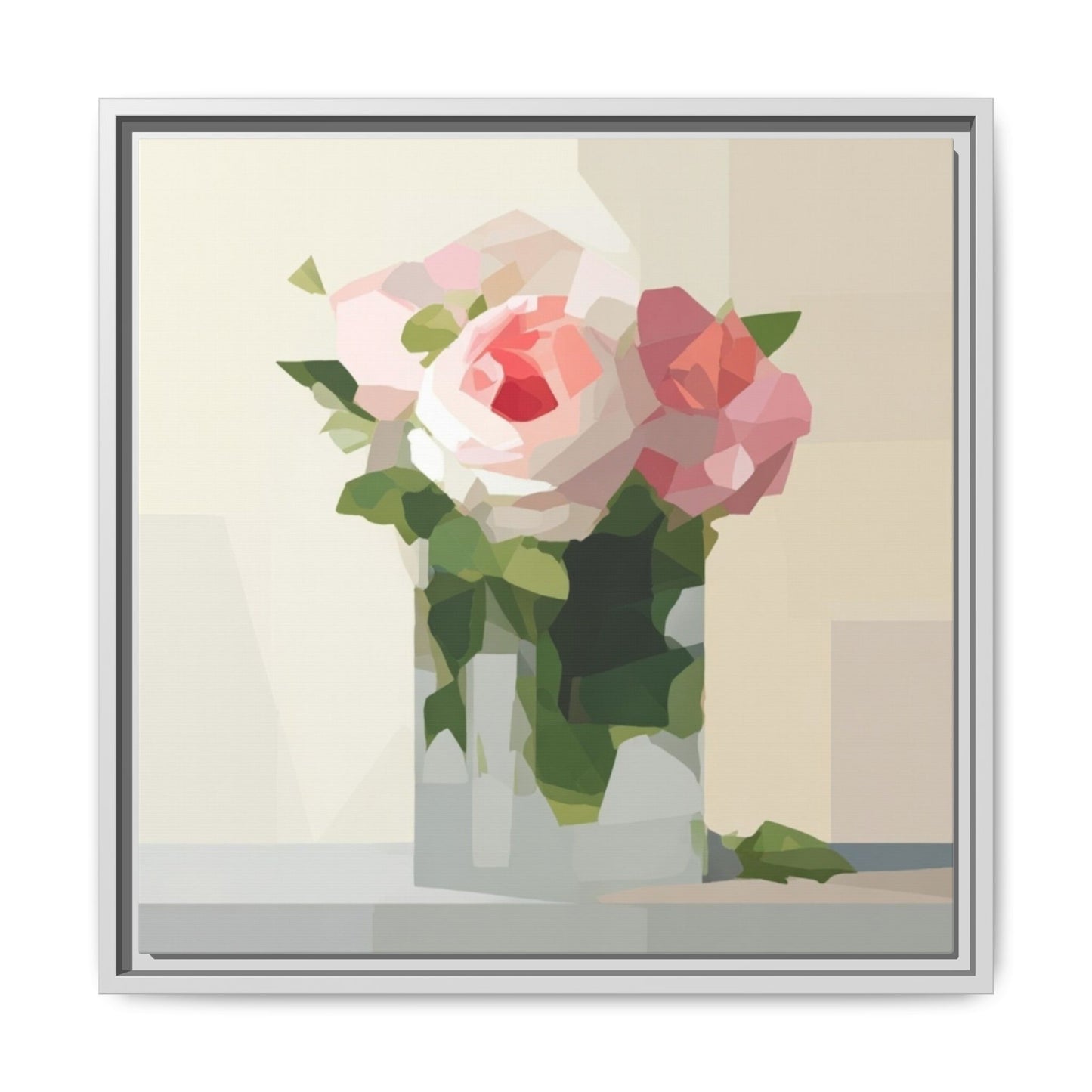 Framed Floral Canvas Print — Geometric Pink Rose Wall Art