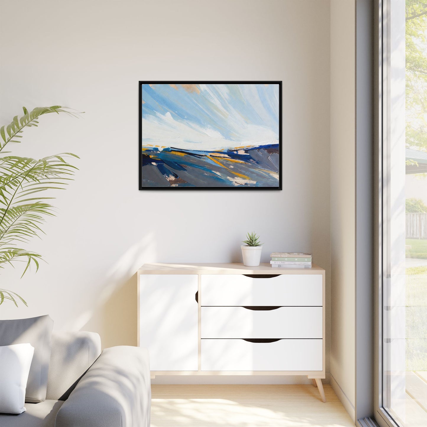 Framed Abstract Seascape Canvas Print — Matte Multi‑Color Wall Art