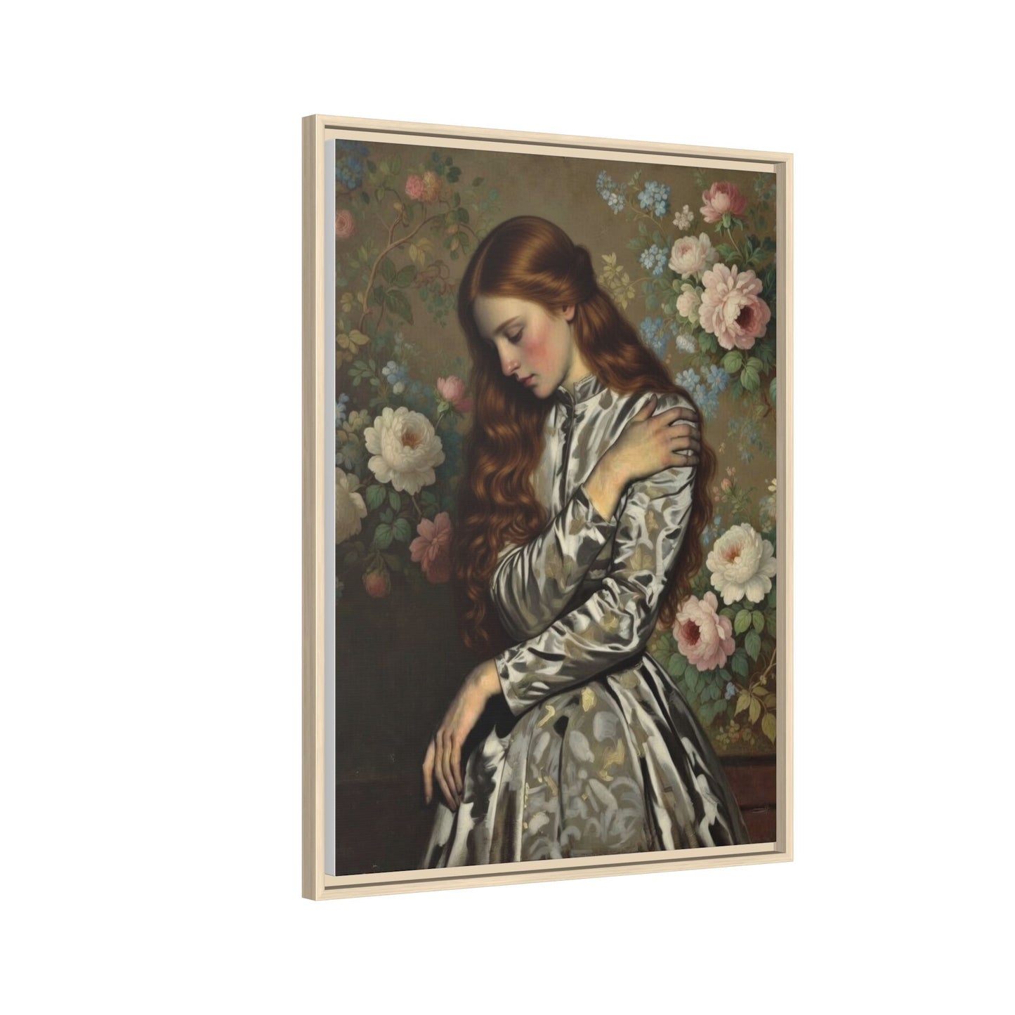 Framed Matte Canvas Art — Vintage Floral Portrait of a Young Woman