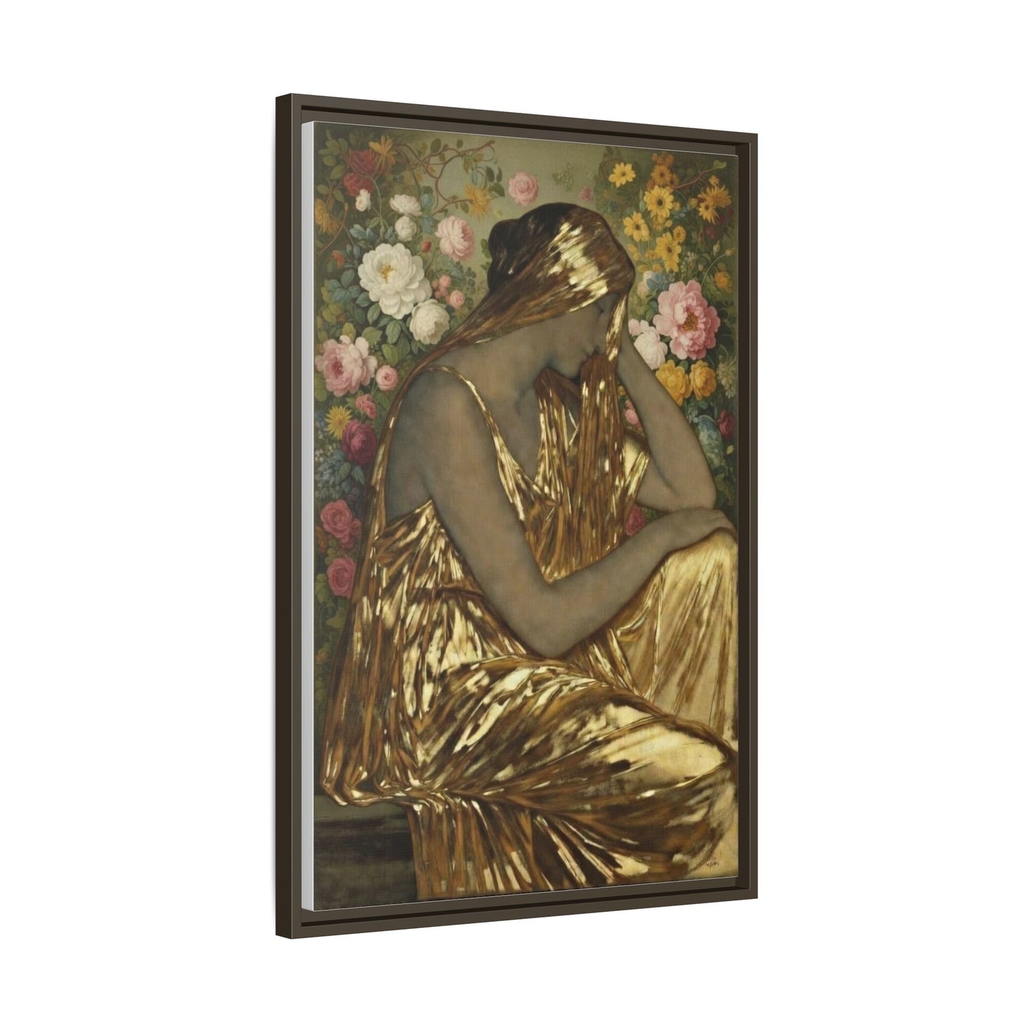 Framed Canvas Art Print — Golden Muse Woman with Floral Background