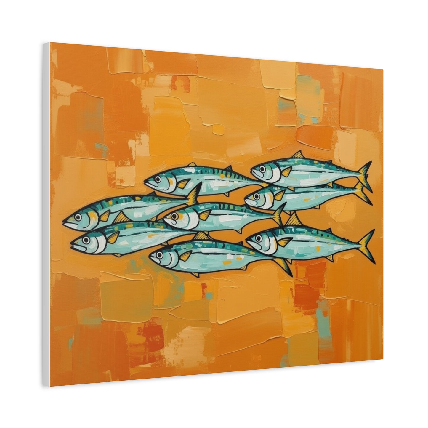 School of Mackerel Canvas Wall Art — Nautical Fish Painting on Orange Background