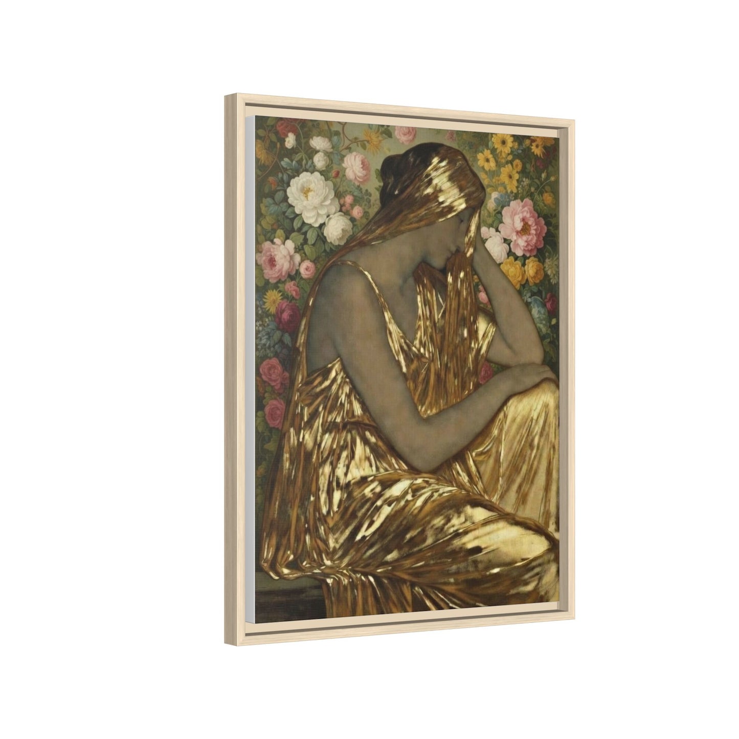 Framed Canvas Art Print — Golden Muse Woman with Floral Background