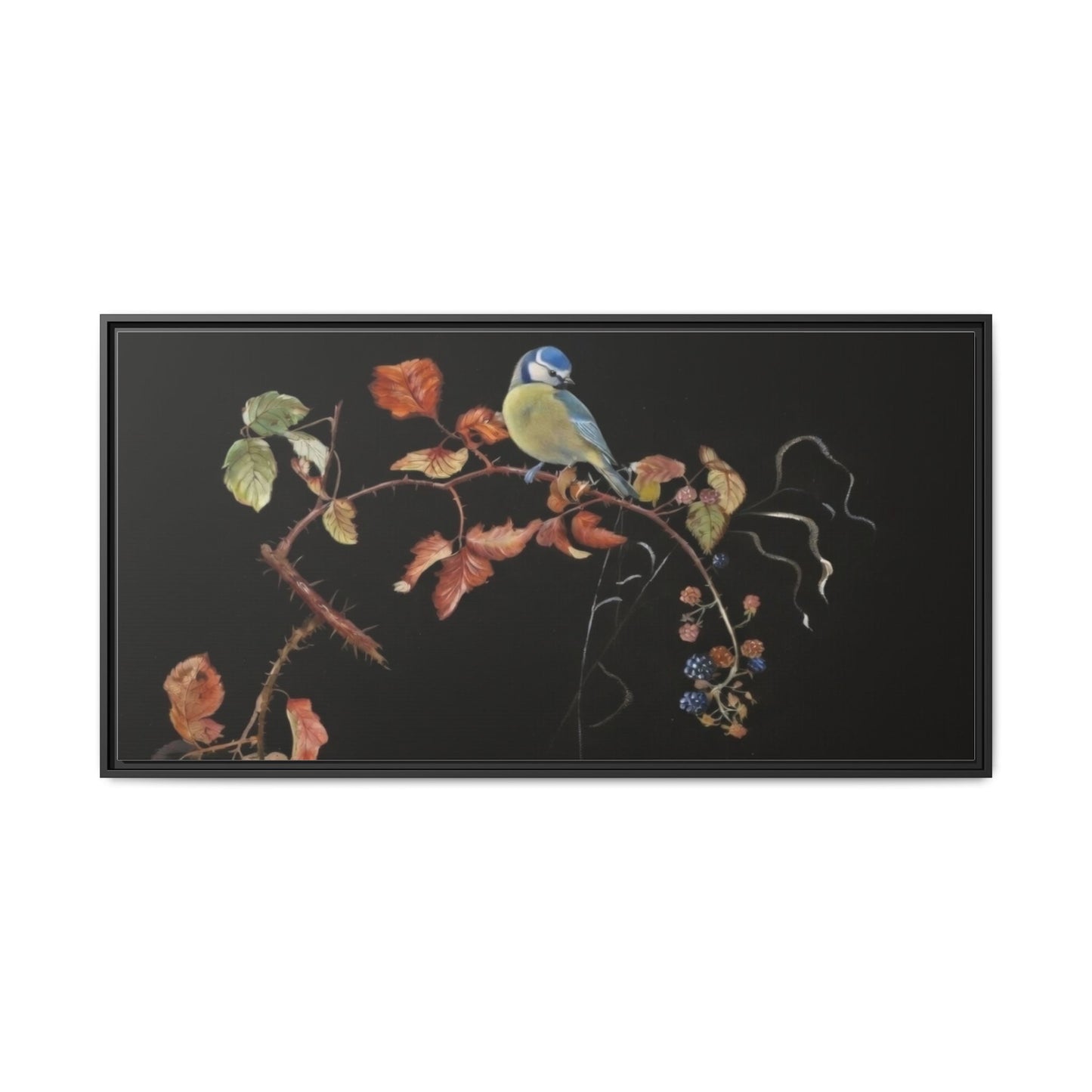 Framed Matte Canvas - Blue Tit on Autumn Branch Wall Art