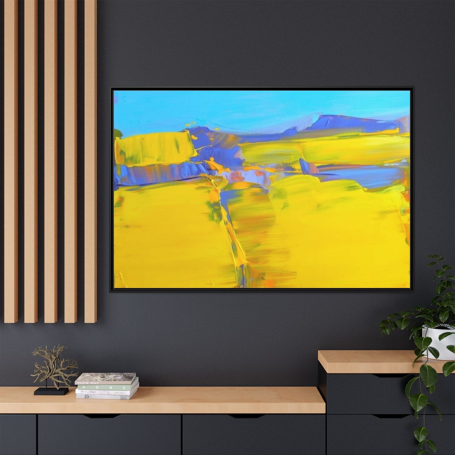 Framed Matte Canvas  Vibrant Yellow Blue Abstract Landscape Art