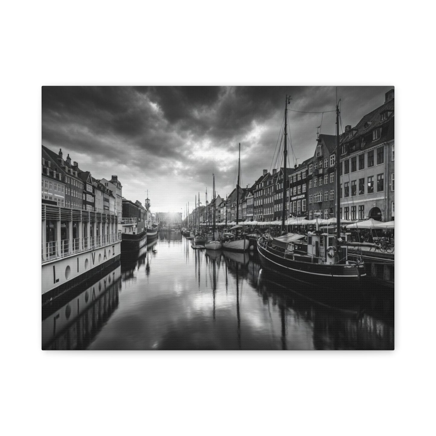 Black & White Harbor Canvas Print — Dramatic Copenhagen Cityscape Wall Art