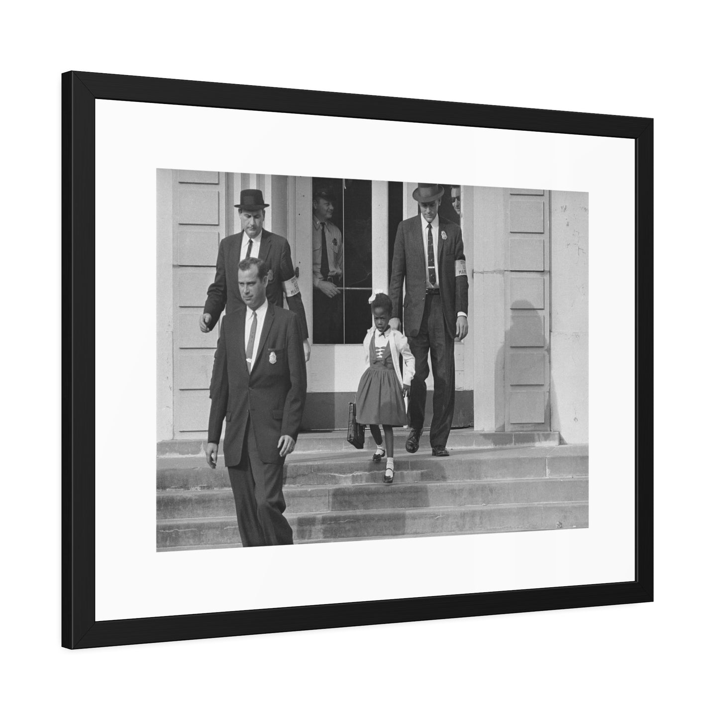 US Marshals with Young Ruby Bridges on School Steps by Unknown  Black & White Civil Rights Photograph Framed Wall Art Print