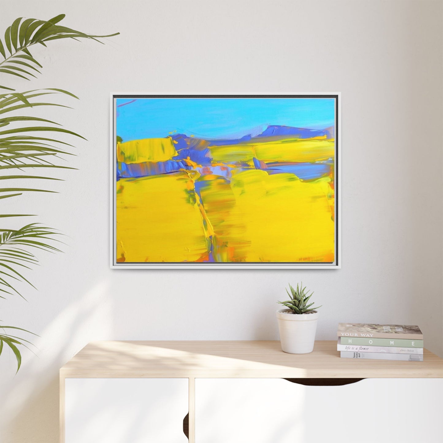 Framed Matte Canvas  Vibrant Yellow Blue Abstract Landscape Art