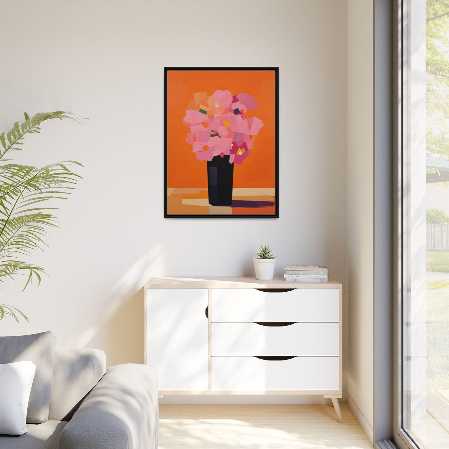 Framed Floral Canvas Art — Pink Bouquet on Orange Background