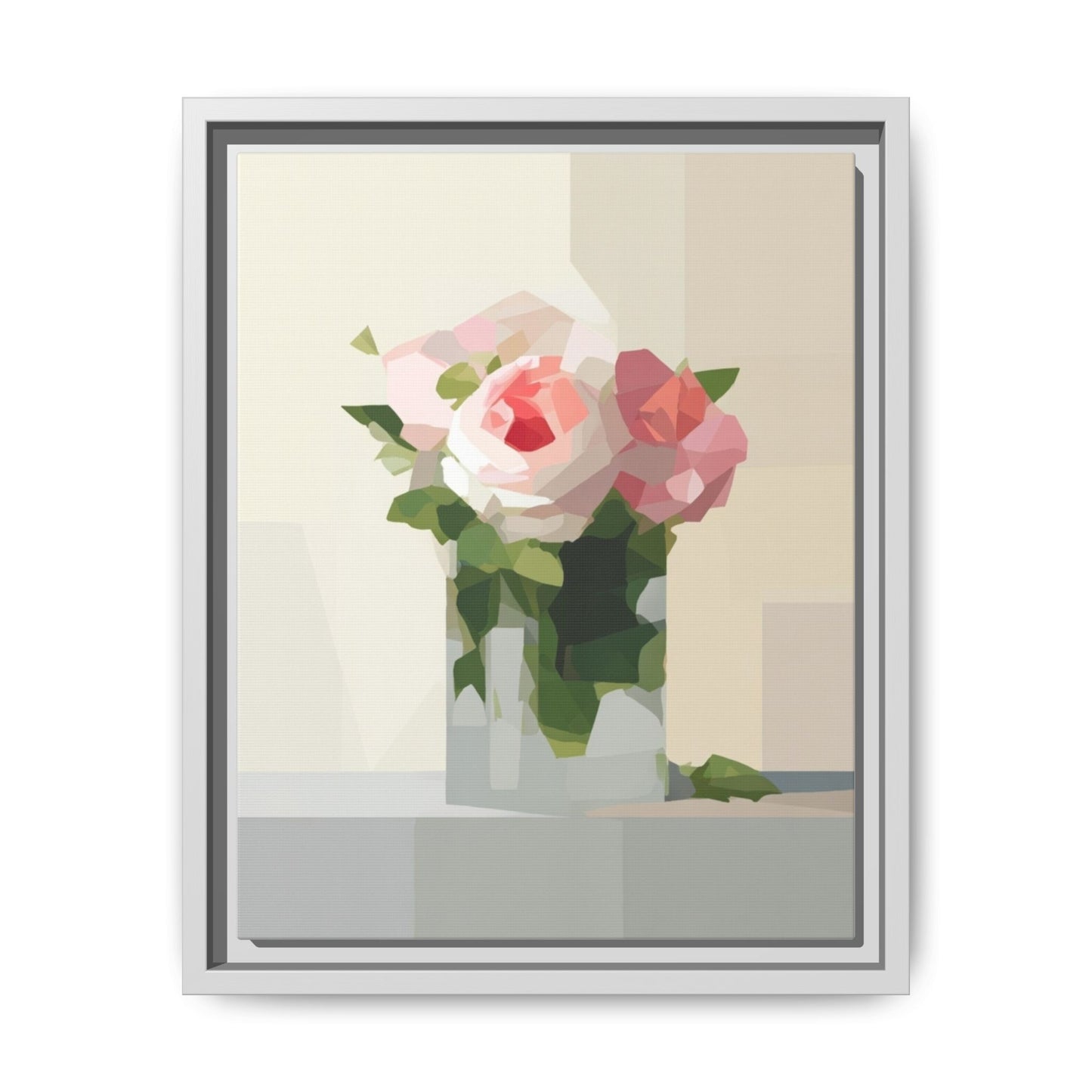 Framed Floral Canvas Print — Geometric Pink Rose Wall Art