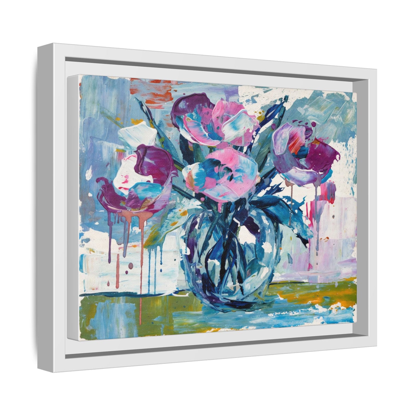 Framed Floral Canvas Art — Abstract Pink & Blue Bouquet