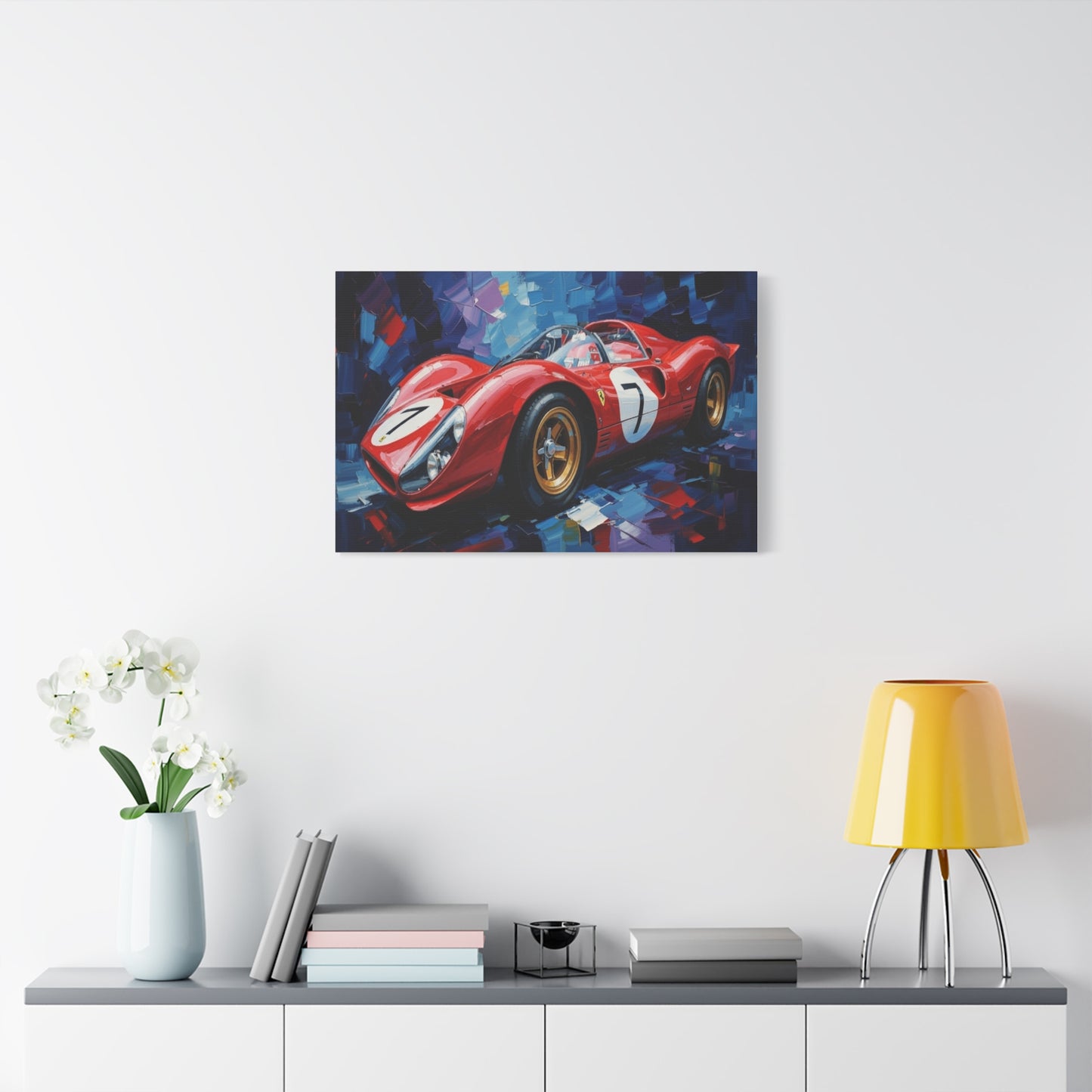 Vintage Ferrari Racing Car Canvas Print — Red Classic Sports Car Artwork (Matte Stretched)