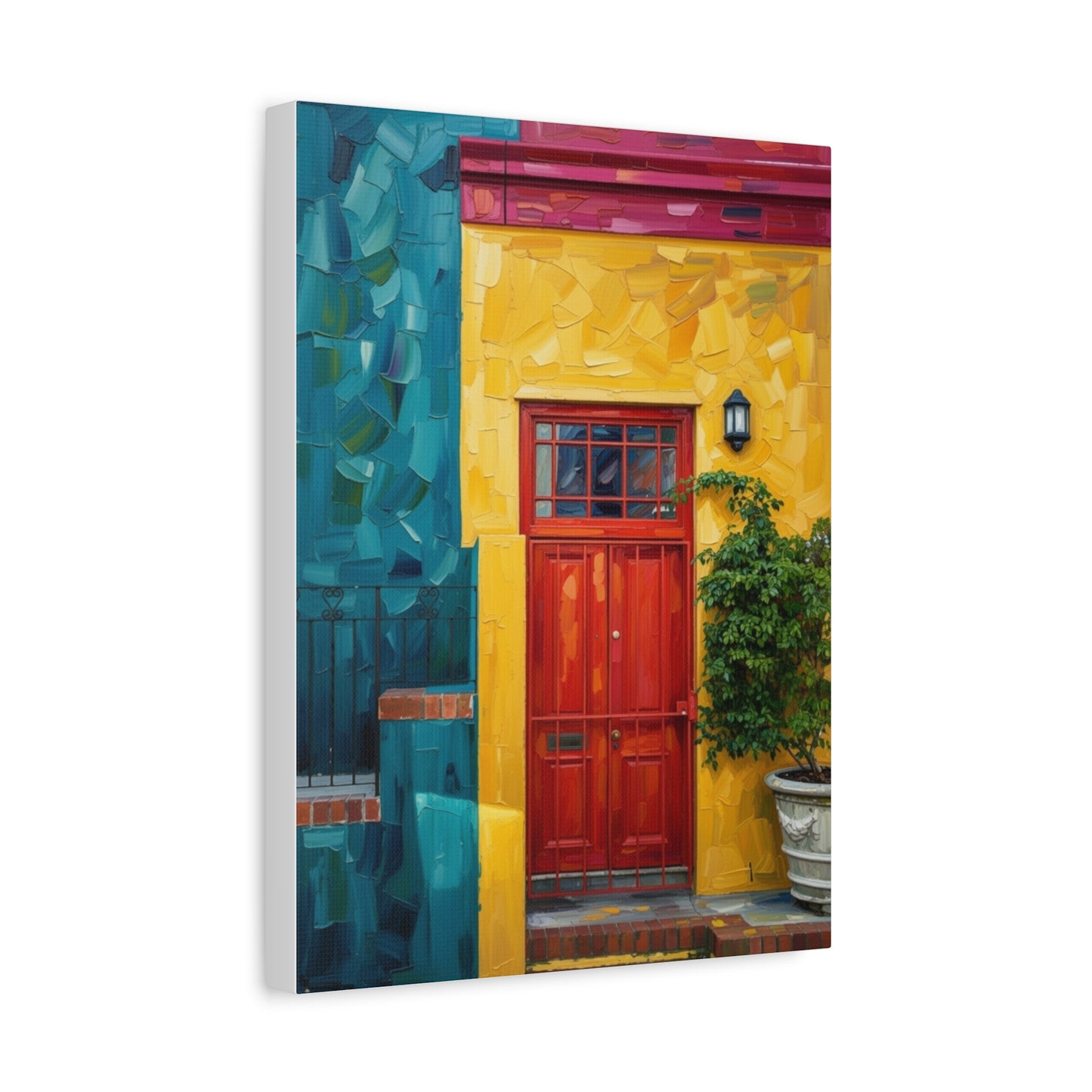Colorful Doorway Canvas Wall Art — Vibrant Yellow & Teal Street Scene, Matte Stretched Print