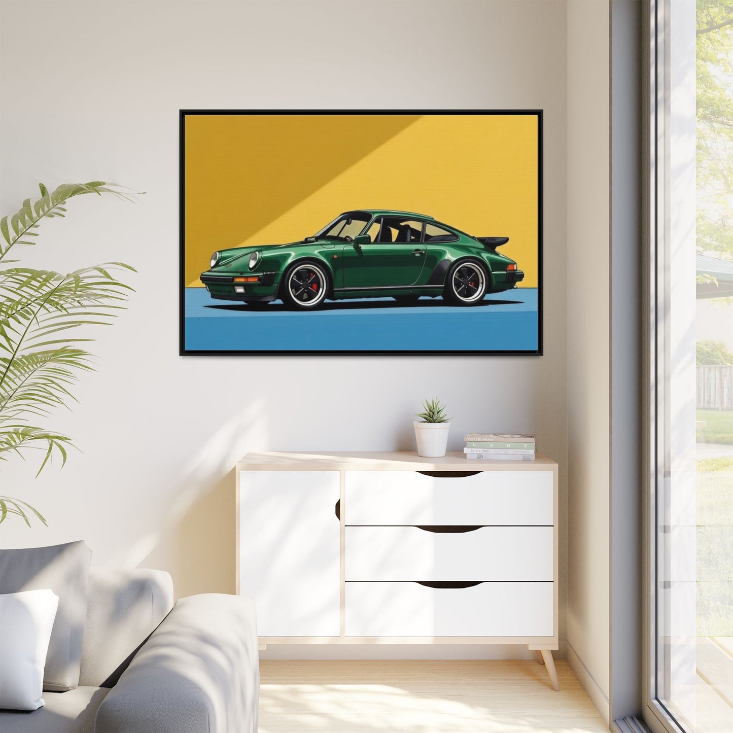 Framed Matte Canvas — Green Sports Car Wall Art