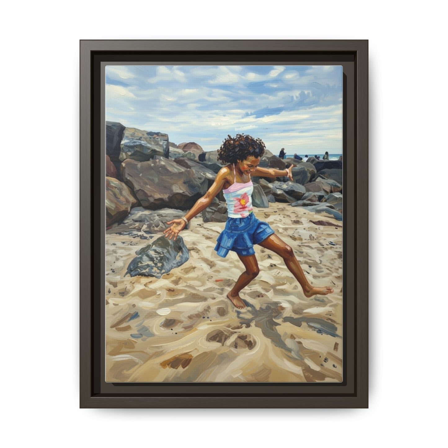 Framed Canvas Art - Girl Dancing on the Beach (Matte Multi-Color)