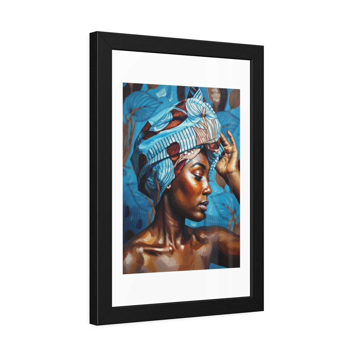 Framed Art Print — Portrait of Woman with Blue Headwrap (Gallery Wall Decor)