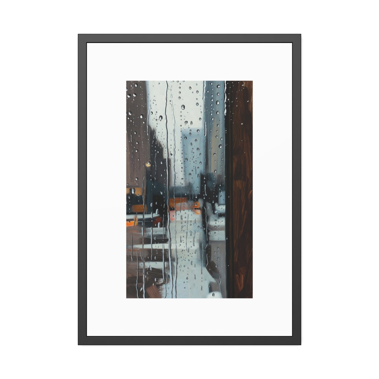Framed Cityscape Poster — Rainy Window Urban Art Print