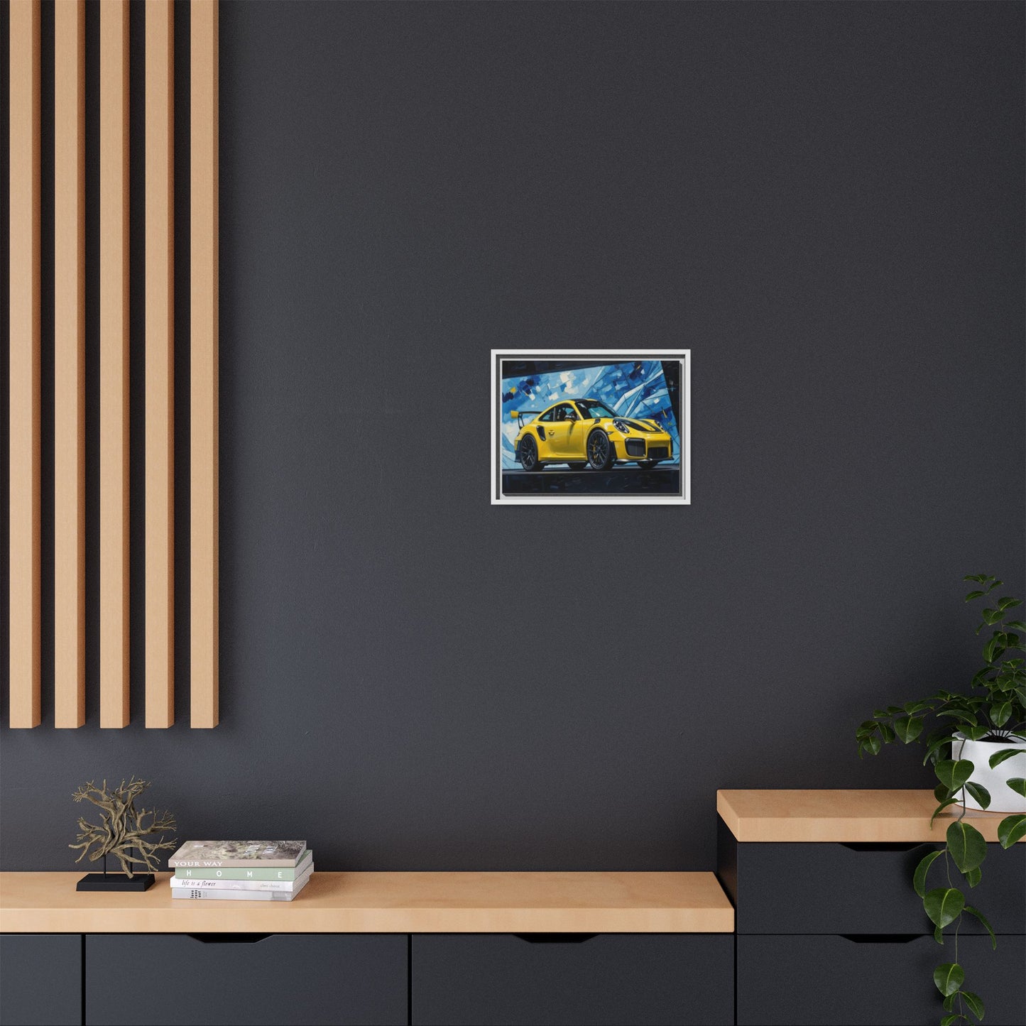 Yellow Porsche Sports Car Matte Framed Canvas – Modern Automotive Wall Art