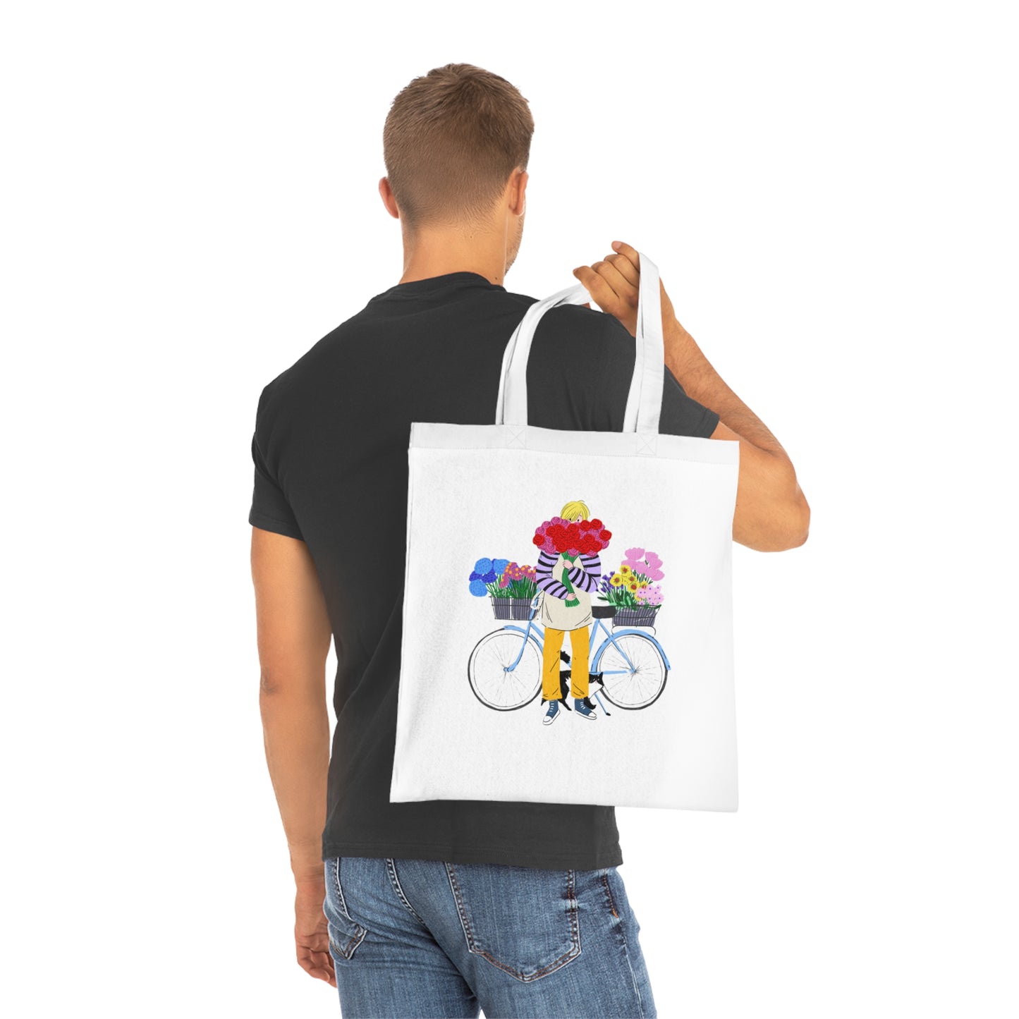 Floral Bike Tote Bag — Cotton Market Tote with Colorful Flower Bicycle Design