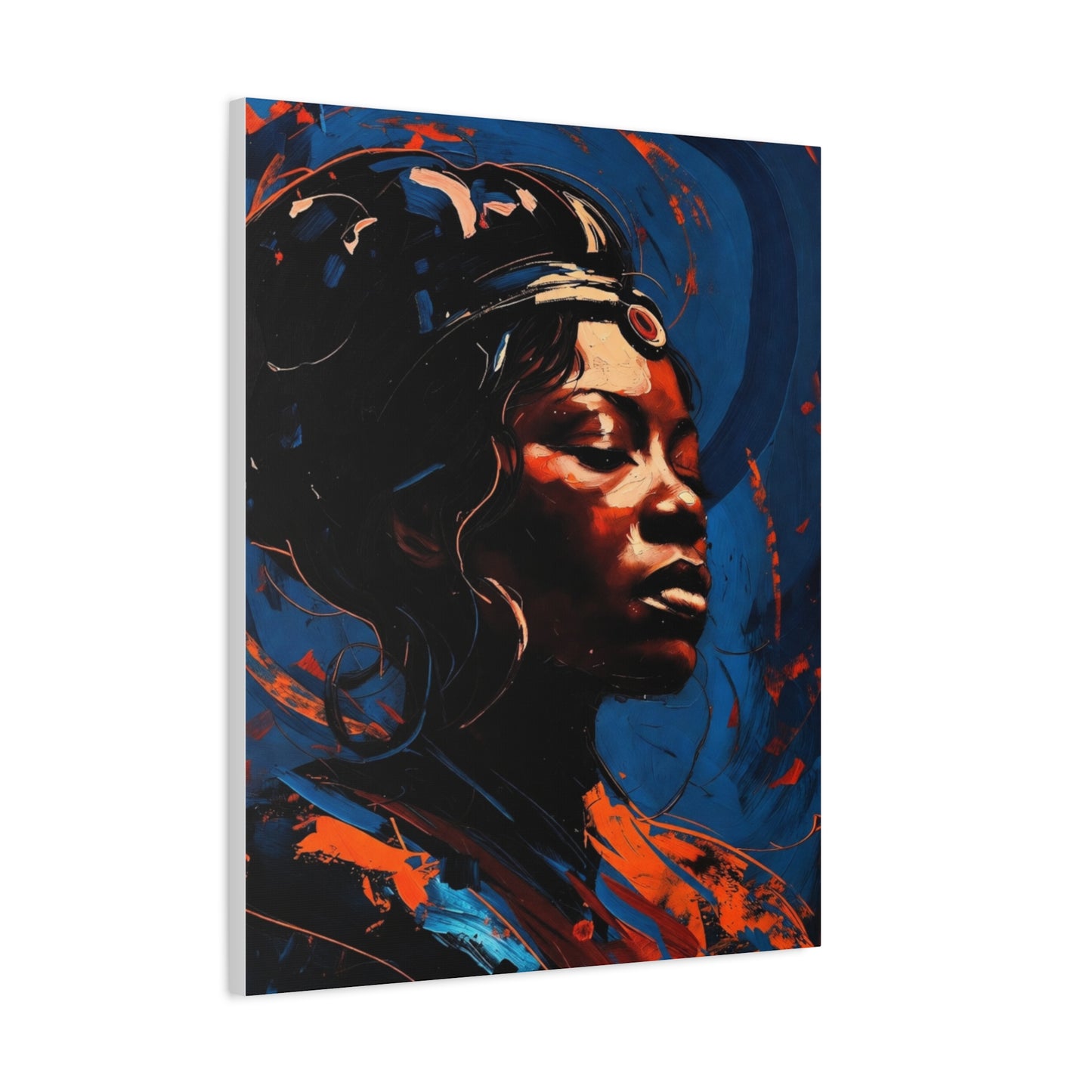 Regal Afrocentric Portrait Matte Canvas Art – Vibrant Blue & Orange Stretched Wall Decor