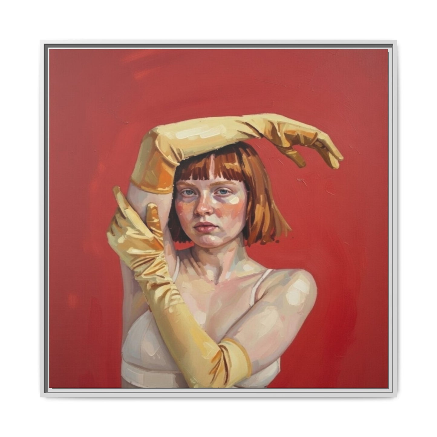 Framed Matte Canvas Art - Portrait of Woman in Yellow Gloves (Red Background)