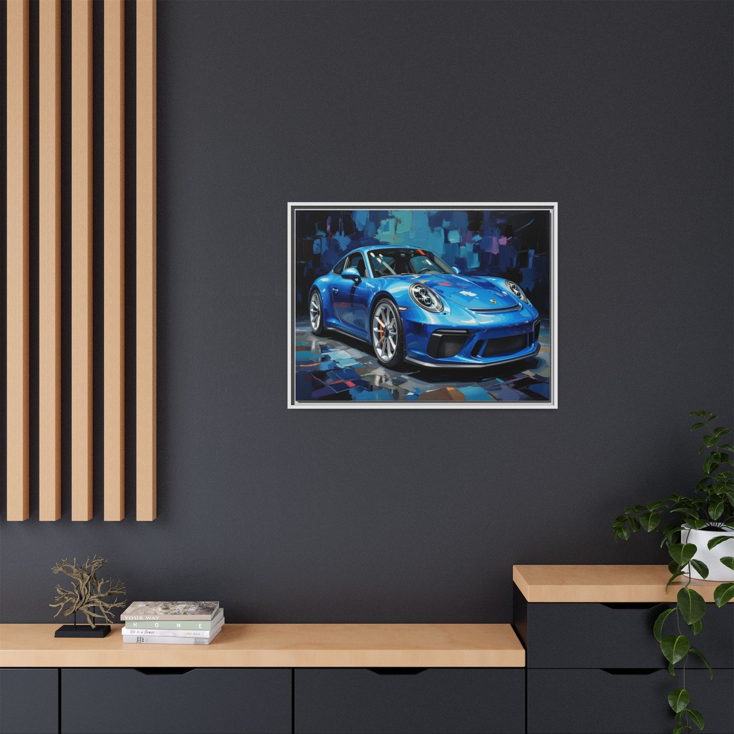 Blue Sports Car Matte Canvas Framed Print — Modern Automotive Wall Art