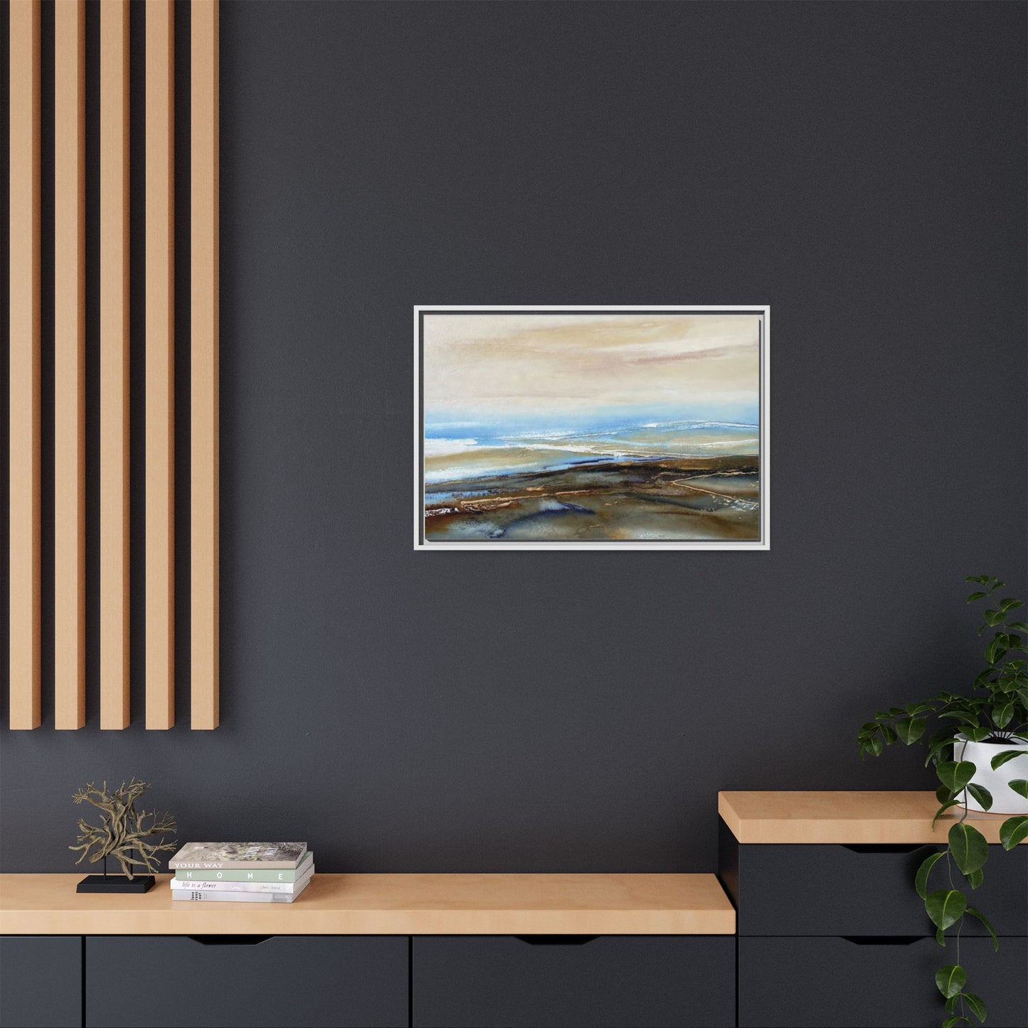 Framed Abstract Seascape Matte Canvas — Coastal Blue & Earth Tone Wall Art