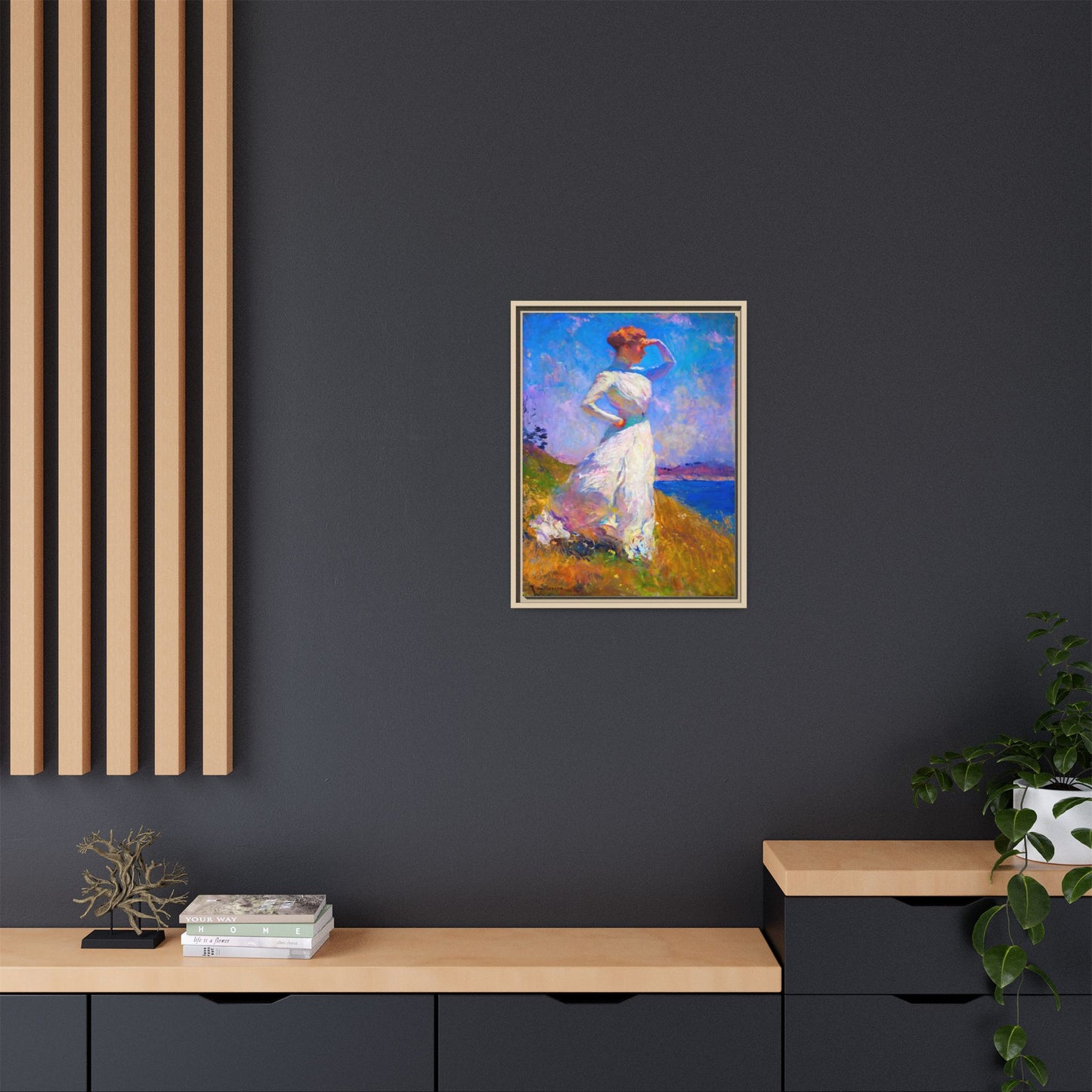 Framed Matte Canvas Art - Woman in White Seaside Impressionist Print