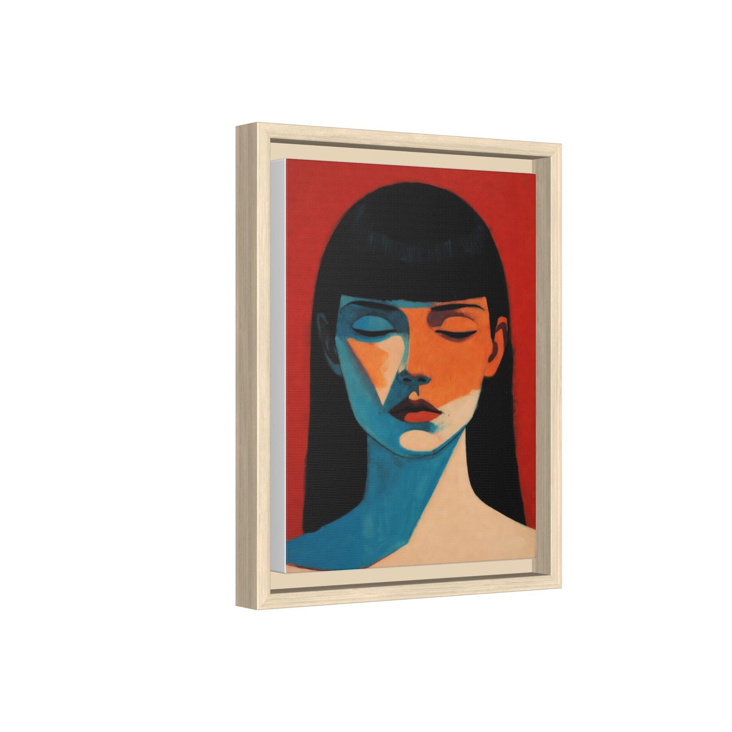Framed Matte Canvas Art – Minimalist Portrait in Red & Teal