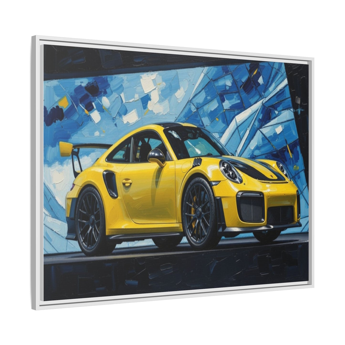 Yellow Porsche Sports Car Matte Framed Canvas – Modern Automotive Wall Art