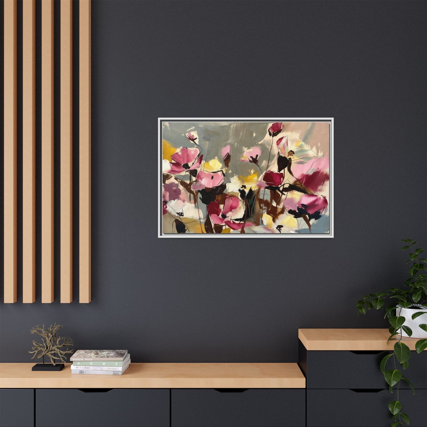 Framed Floral Canvas Wall Art — Abstract Pink & Yellow Flowers
